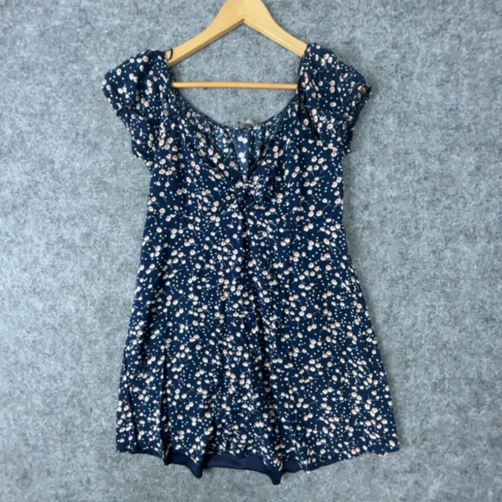 Dream of Me Blouse Womens XL Blue Floral Polka Dot Puff Cap Sleeve Peasant